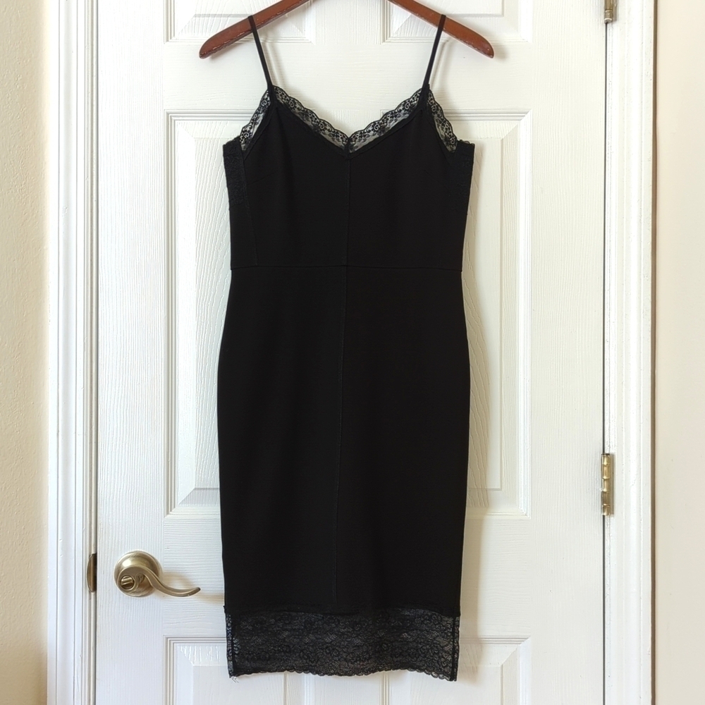 Sanctuary Classic Lace Trim Sleeveless V-neck Mini Bodycon Slip Dress Black XS